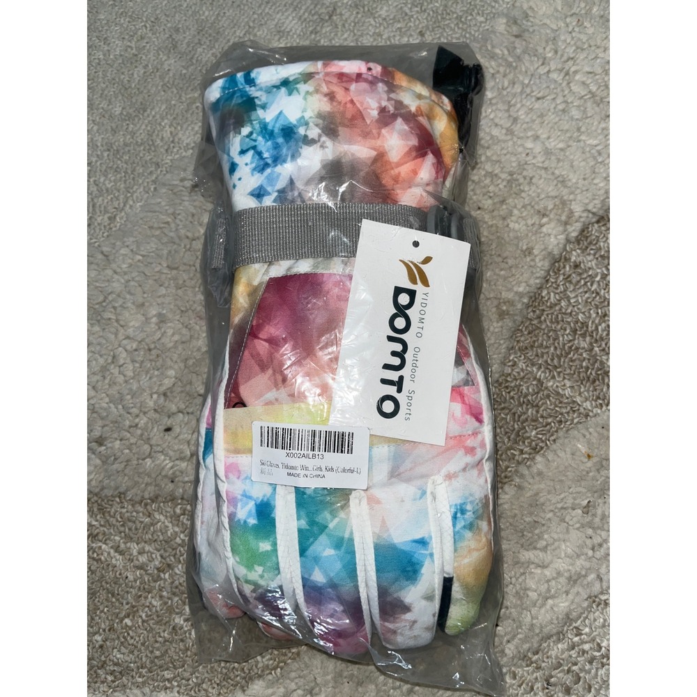 Yidomto Kids Girls Ski Gloves Colorful Geometric Tie Dye Winter Snow Large NEW